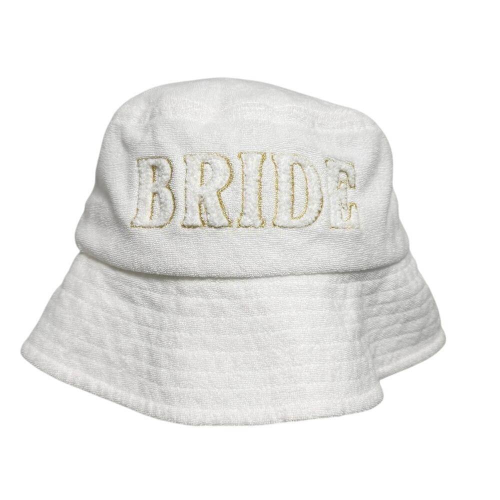 Shiraleah OS White Terry Cloth Embroidered Bride Bucket Hat Wedding Bachelorette